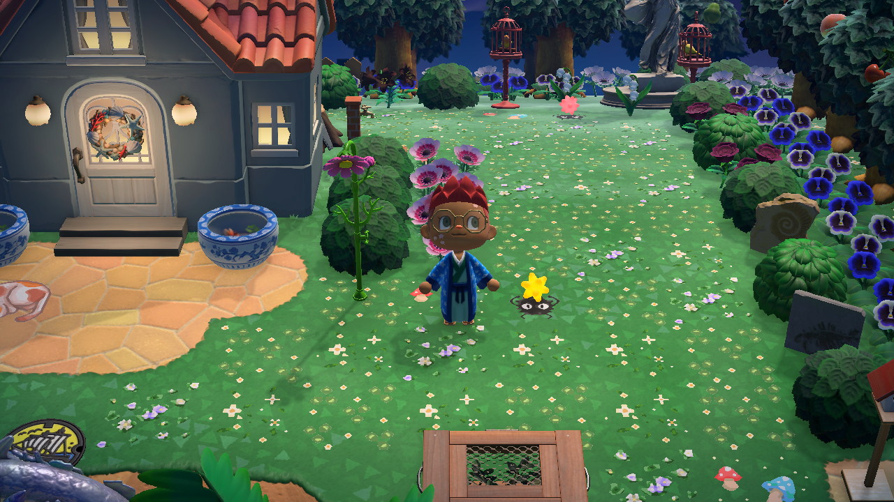 Player stands outside home, lawn covered in paths and shrubs.