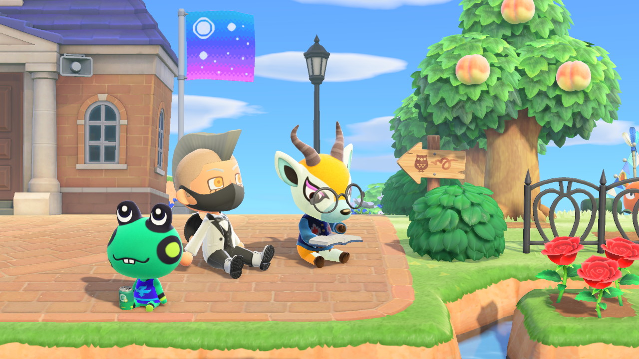 Player sits in plaza with villagers. Island flag visible in background.