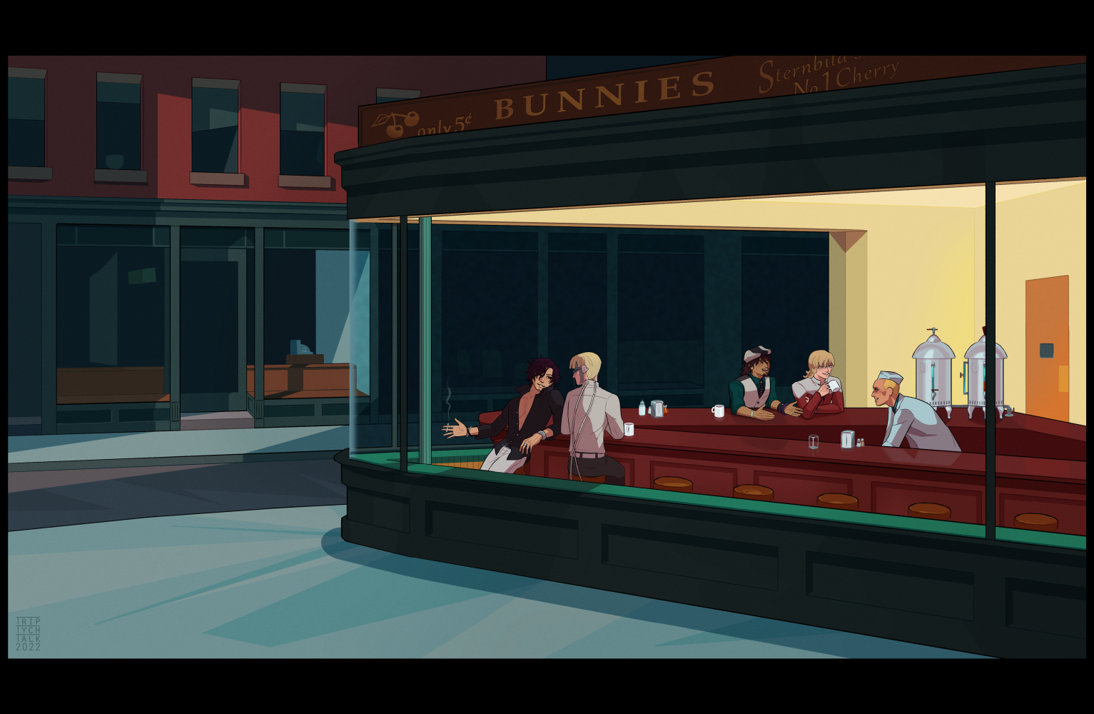 January 2022 - 'after Edward Hopper's Nighthawks'<br>drawn for a friend (only took me a decade)