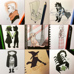 Collection of colored pencil and black ink sketches on paper.