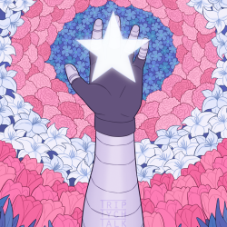 Illustration of metal arm reaching to star against background of concentric circles of flowers.
