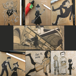 Collection of white pencil and black ink sketches on cardboard.