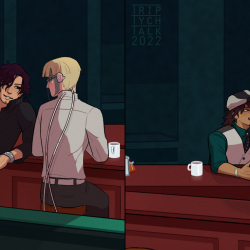 Detail of Nighthawks piece featuring characters from Vassalord and Tiger & Bunny.