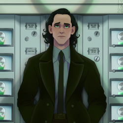 Illustration of Loki in front of the automat from Loki season two.