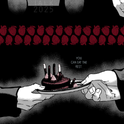 Black and white drawing with spot color based on two panels from Gokurakugai.