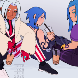 Xemnas, Aqua, and Isa in Disney villain outfits.