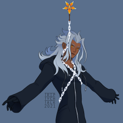 Xemnas suspended in white chain between Terra's wayfinder and the helmet of Aqua's armor.