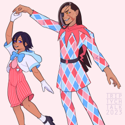 Xion and Xigbar in three-color puppet and harlequin outfits.
