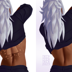 Xemnas from the back, he lifts his shirt to reveal keyhole-shaped scars.