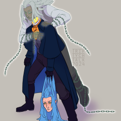 Colored drawing of Xemnas and Saix as a chained ghost and a headless man.