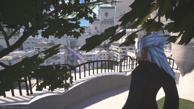 Xehanort stands in a courtyard looking across Scala ad Caelum.