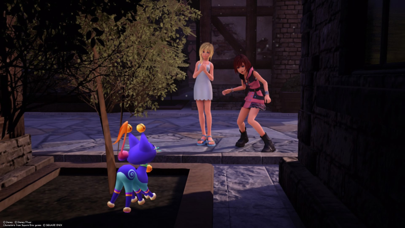 Namine and Kairi find a necho cat in Radiant Garden.