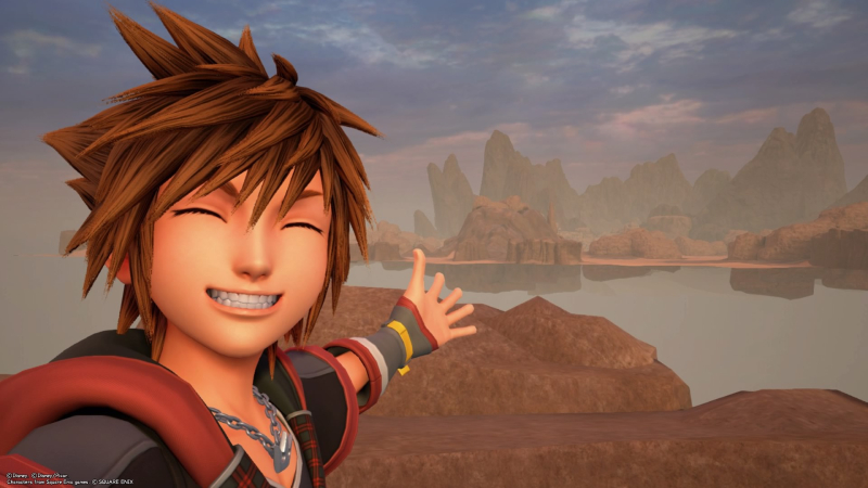 Sora takes a selfie severely out of bounds in the Keyblade Graveyard.