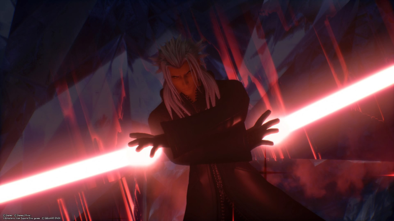 Xemnas wielding Interdiction against a background of cracked blue.