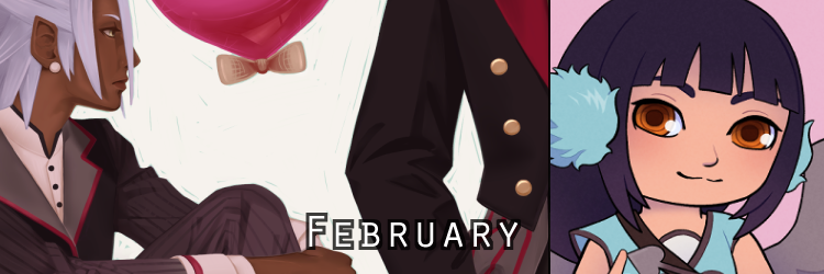 Banner for February chibis and illustration.