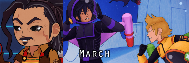 Banner for March chibis and illustration.