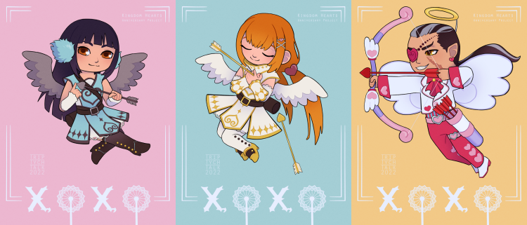 Chibis of Skuld, Strelitzia, and Xigbar in winged Valentine's outfits.