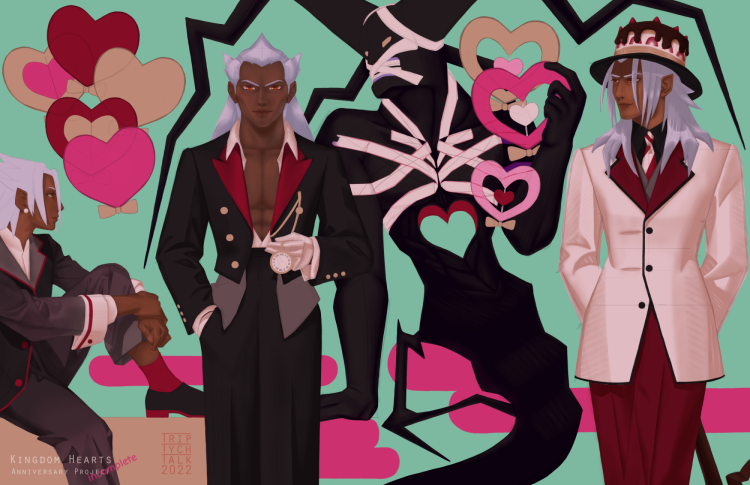 Incomplete color illustration of Xehanort, Ansem SoD, Guardian, and Xemnas in black, white, and red outfits after JC Leyendecker's Kuppenheimer mermaid ad.