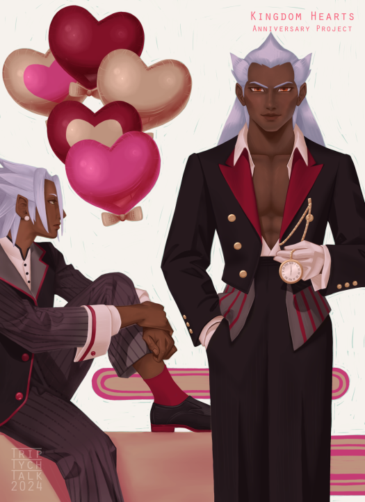 Illustration of Xehanort and Ansem SoD in black, white, and red outfits after JC Leyendecker's Kuppenheimer mermaid ad.