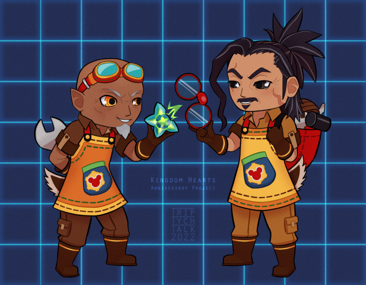 Chibis of Master Xehanort and Master Eraqus in gummi ship engineer outfits.