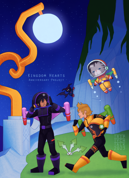 Illustration of Vanitas, Ven, and Chirithy in gummi ship flyer outfits.