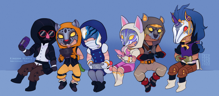 Chibis of MoM and the Foretellers wearing KHX default outfits playing handheld video games.