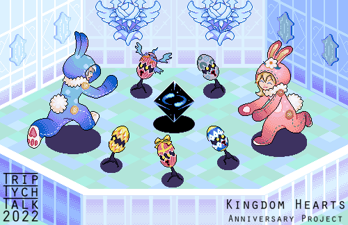 Illustration of Repliku and Namine in bunny outfits chasing egg heartless.