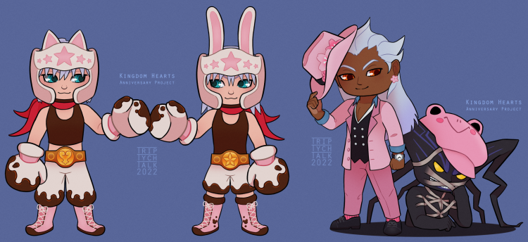 Chibis of Riku, Repliku, Ansem SoD, and Guardian in pink outfits.