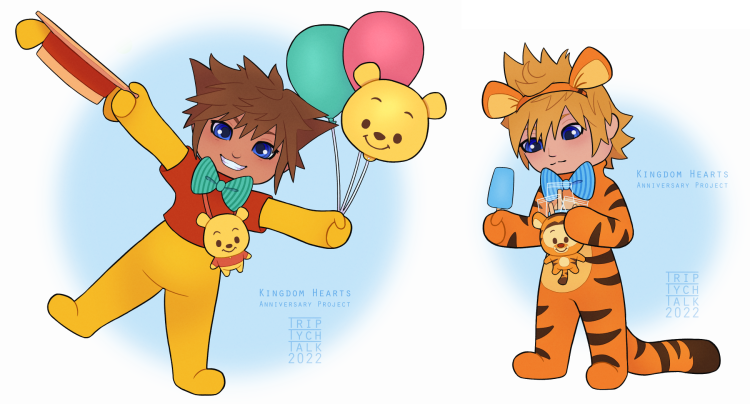 Chibis of Sora and Roxas in Winnie-the-Pooh character onesies.