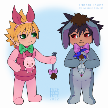 Chibis of Ven and Vanitas in Winnie-the-Pooh character onesies.