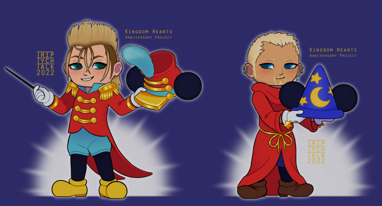 Chibis of Demyx and Luxord in classic Mickey Mouse outfits.