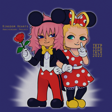 Chibis of Marluxia and Larxene in classic Mickey and Minnie Mouse outfits.