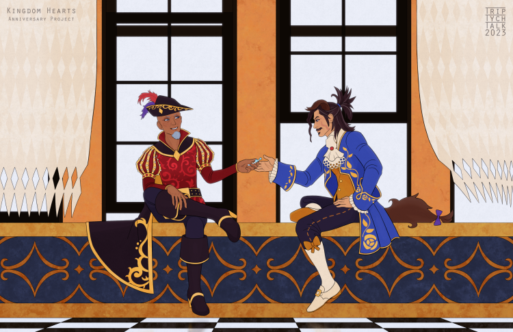 Illustration of Master Xehanort and Master Eraqus in Disney prince outfits.