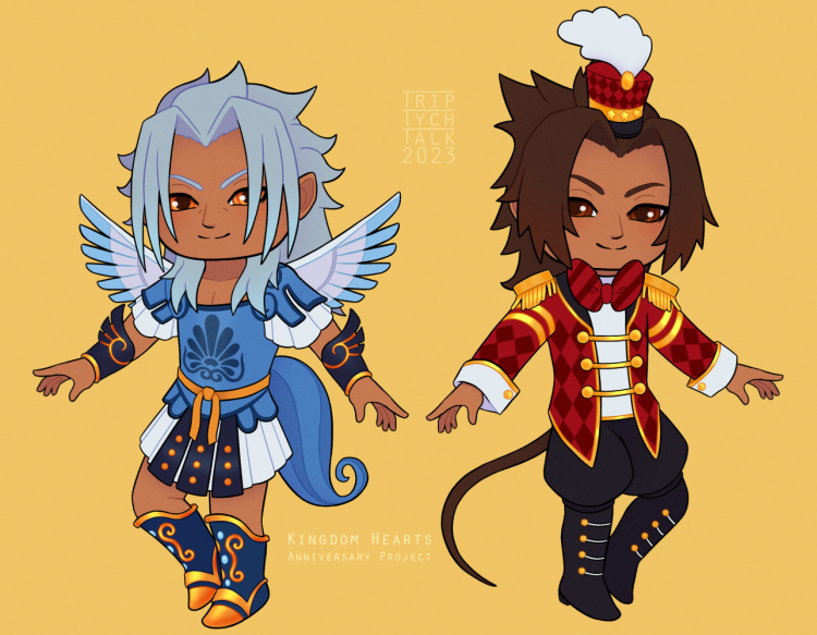 Chibis of Xemnas and Terra in Disney sidekick outfits.