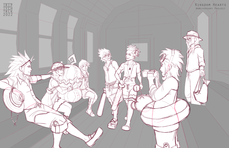 Sketch for illustration of Lea, Xion, Olette, Roxas, Hayner, Pence, and Isa in beachwear.