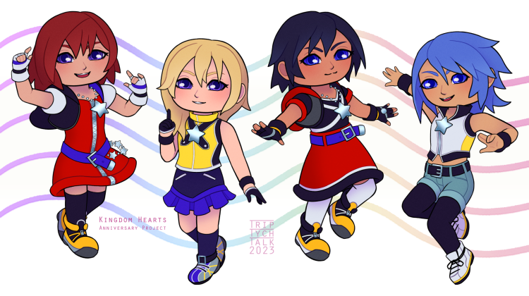 Chibis of Kairi, Namine, Xion, and Aqua in Sora and Riku outfits.