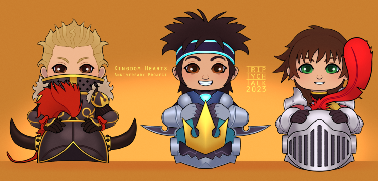 Half-body chibis of Hayner, Pence, and Olette in armor.