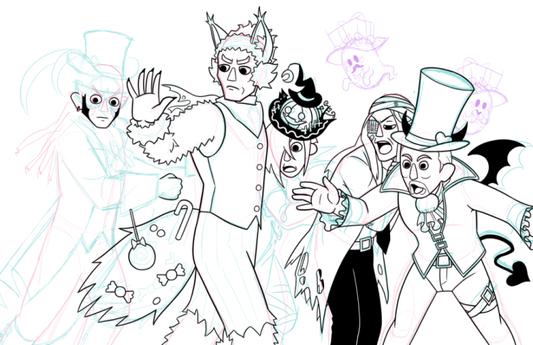 Incomplete illustration mid-lineart of Dilan, Aeleus, Ienzo, Even, and Ansem the Wise in Halloween outfits.