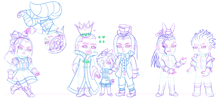 Sketch for chibis of Apprentice Xehanort, Braig, Ansem the Wise, Ienzo, Even, Dilan, and Aeleus in Wonderland outfits.
