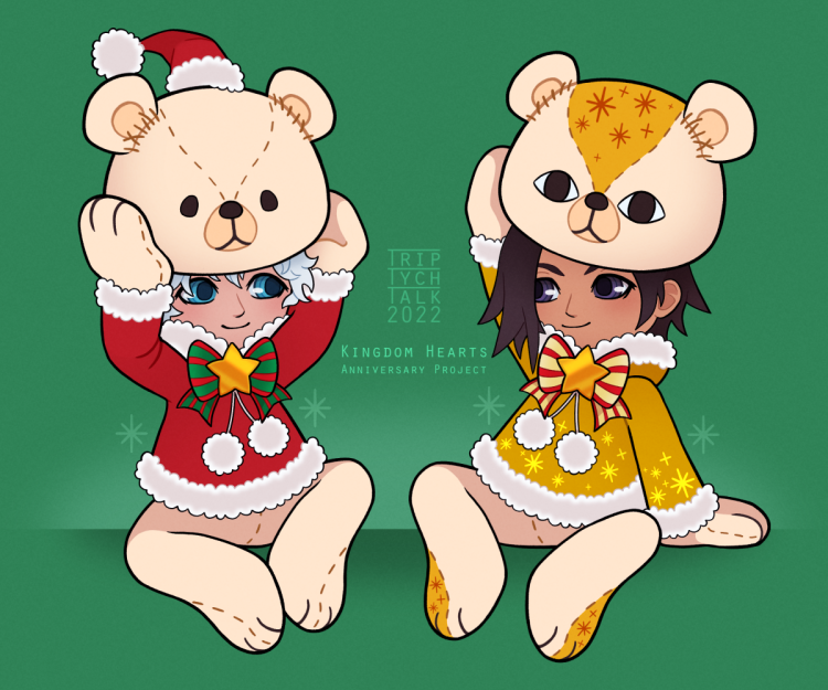 Chibis of Ephemera and Brain in bear mascot outfits.