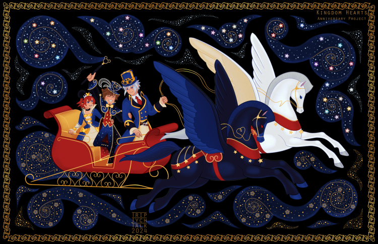 Illustration of Kairi, Sora, and Riku in winter outfits riding in a sleigh.