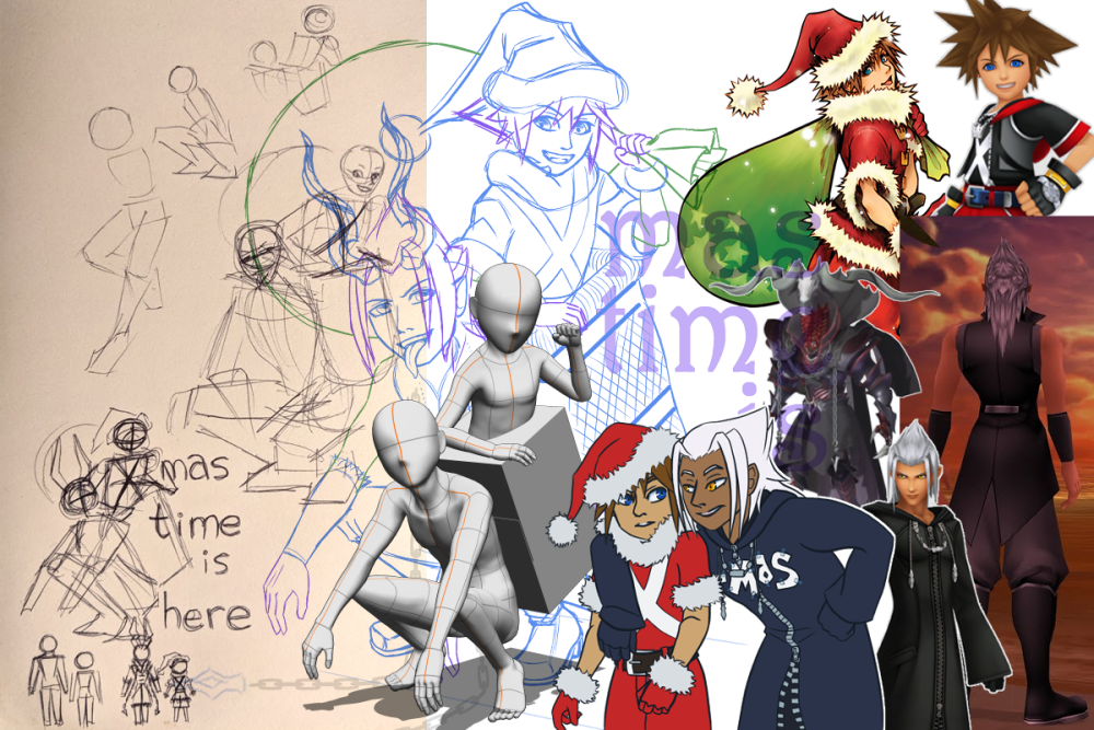 Collage of preparatory materials for Sora and Xehanort X-mas 2024 illustration. Thumbnail sketches, original 2013 image, posed CSP 3D model, final sketch, and reference images.