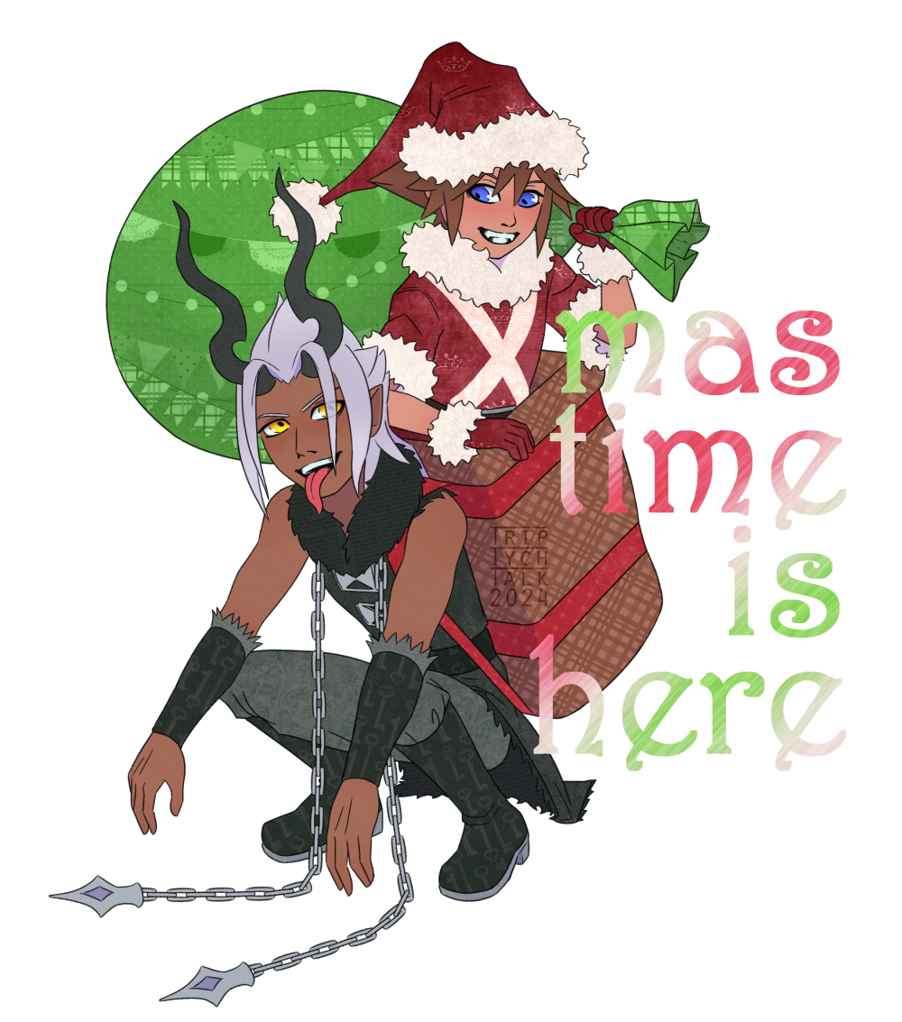 Final Sora and Xehanort X-mas 2024 illustration. Sora is dressed in a Santa outfit holding a green bag and Xehanort is dressed reminiscent to Krampus with a basket pack. The X on Sora's tunic begins the phrase Xmas time is here.