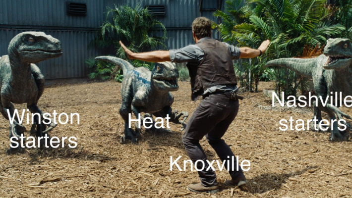 Meme of a man holding his hands up to three velociraptors. He is labled Knoxville. The raptors are labeled Winston starters, Heat, and Nashville starters.