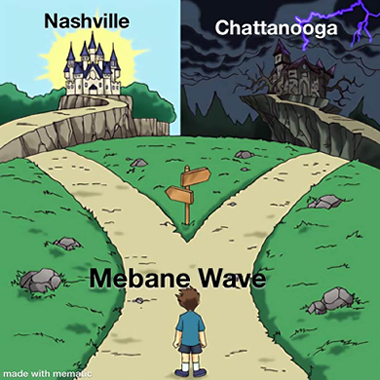 Meme of a person at a fork in the road. Two castles are in the distance: on the left is a cheerful castle in sunshine labeled Nashville and on the right is a dark and stormy castle labeled Chattanooga.