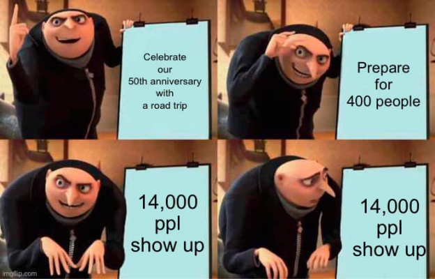 Gru meme. He triumphantly show a card that says Celebrate our 50th anniversary with a road trip and continues to a card that says Prepare for 400 people. The last card says 14,000 people show up and he stares at it in confusion.